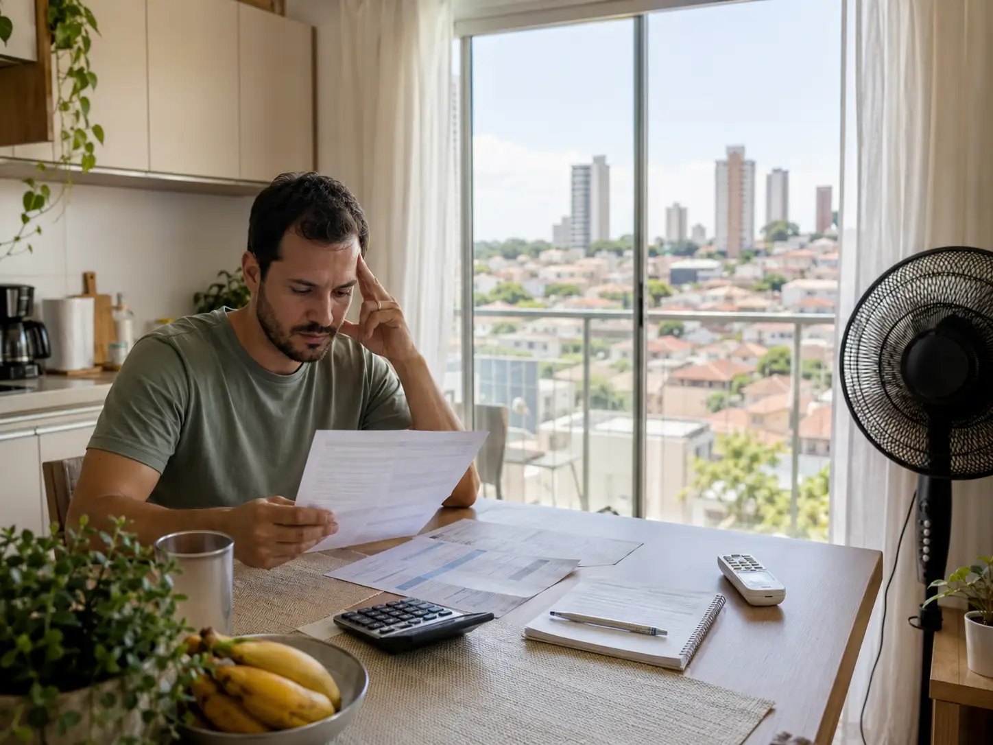 Morador em apartamento no Paraná analisa conta de luz da COPEL, representando a busca por Energia Solar por Assinatura Residencial da Velvet Energia sem instalação de placas.
