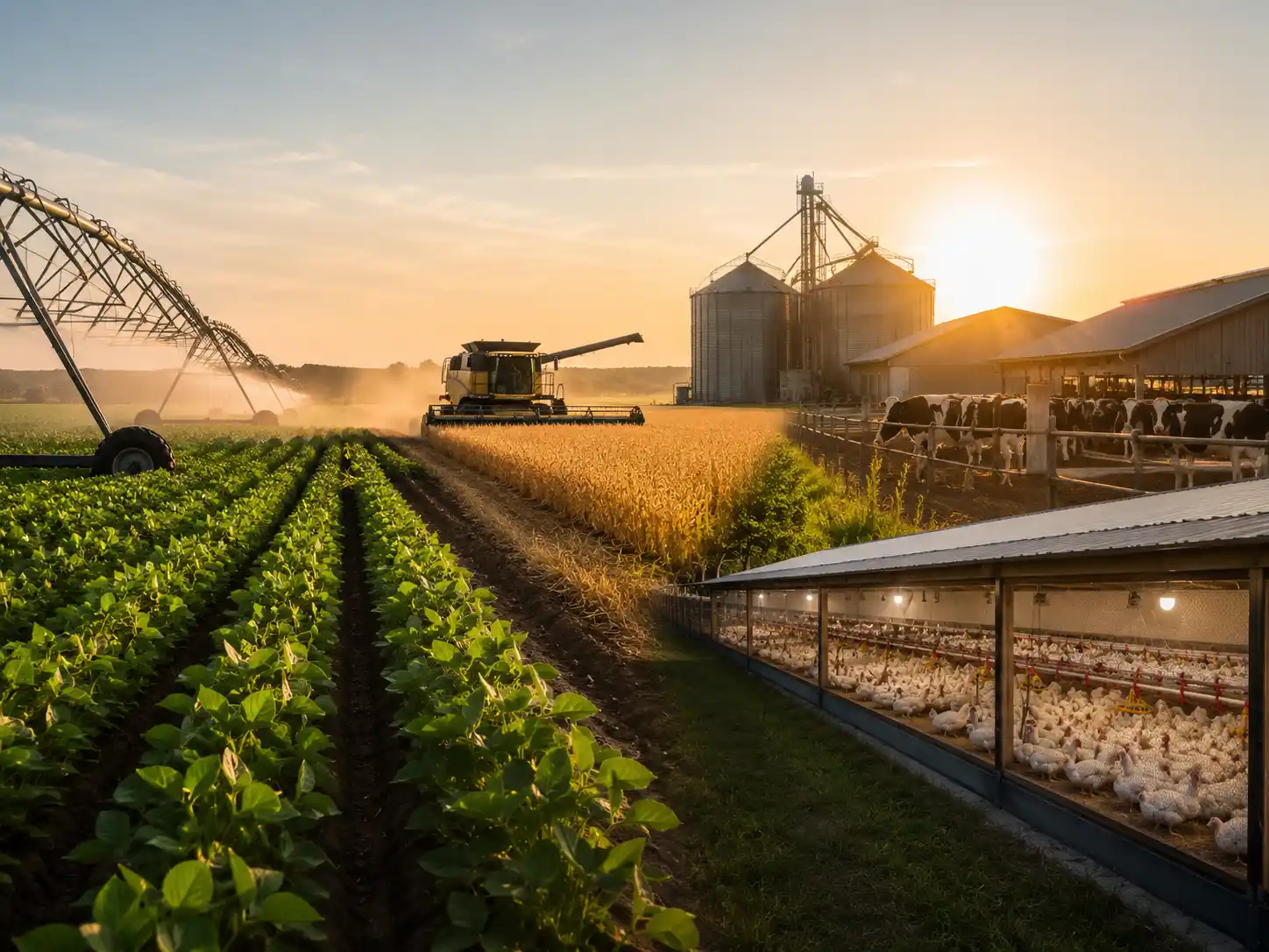 Propriedade rural no Paraná com irrigação, lavoura, silos, pecuária e aviário, representando o alto custo da energia elétrica da COPEL no campo.