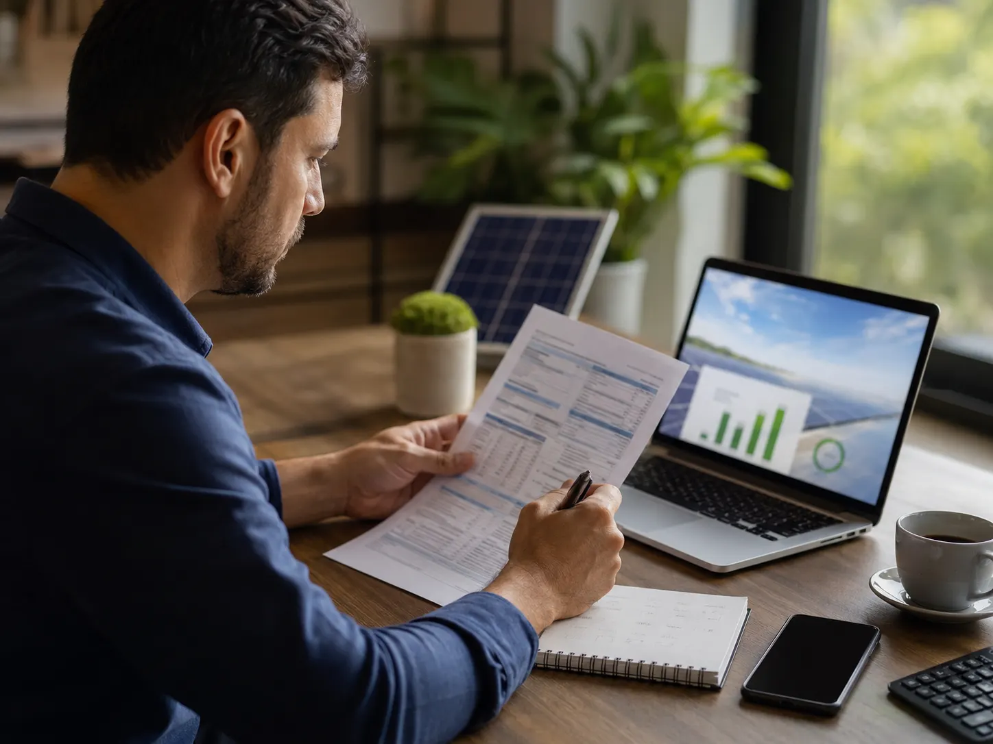 Pessoa analisando conta de luz para avaliar se energia solar por assinatura vale a pena