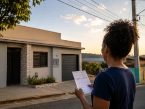 Pessoa observando imóvel sem painéis solares enquanto avalia energia solar sem placa