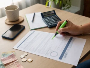 Conta de luz e calculadora mostrando como economizar com energia solar por assinatura